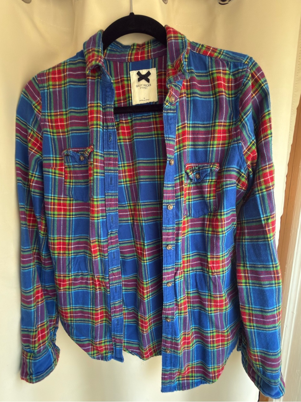 Gilly Hicks Blue Plaid Button-Up Shirt with Red & Green Accents